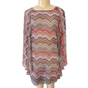Stella Cruz Pink‎ Multicolored Sheer Chevron Blouse Kimono Flare Sleeve Cover-Up